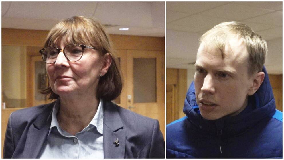 Karin Stikå Mjöberg och Gustav Backlund i varsin del av bilden, intervjuade i regionkontorets foajé