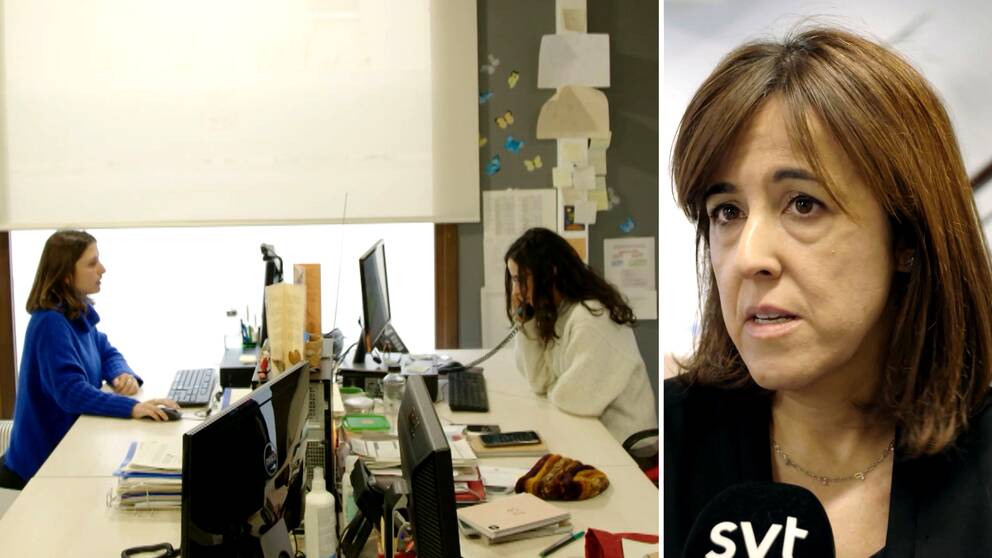 Bild på två kvinnor som jobbar i ett kontor. Bild på kvinna som blir intervjuad.