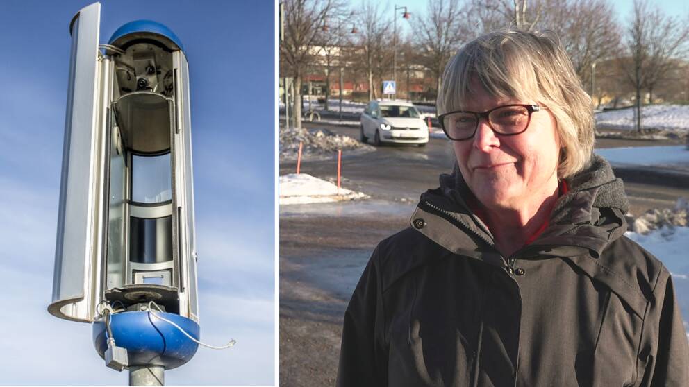 Porträttbild på Trafikverkets Eva Lundberg och en tät bild på en tom fartkamera med öppen skåpdörr.