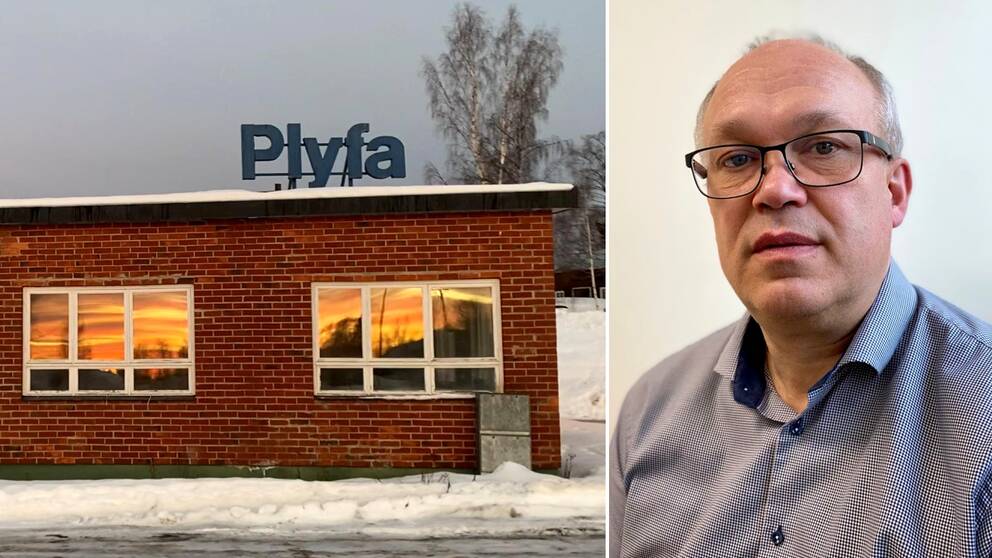 Vd:n för Plyfa i Hassela, Fredrik Lenz, sitter med lite uppgiven syn på sitt kontor med glasögon och blåvit-rutig skjorta.