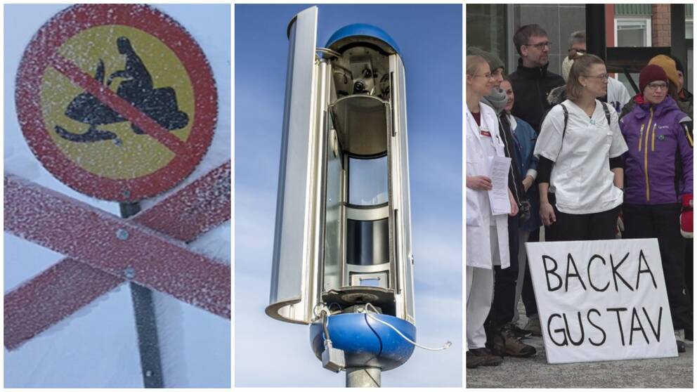 till vänster en skylt vid en vinterled som förbjuder skoteråkning, I mitten ett tomt skal av en fartkamera, till höger personer som manifesterar vid en skylt med texten ”Backa Gustav” i versaler.