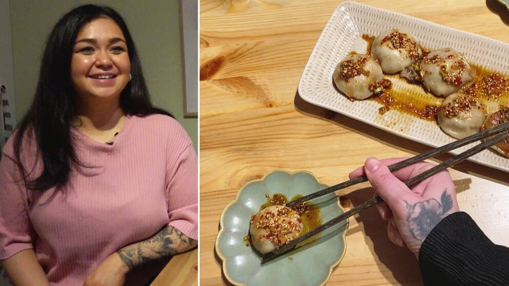 Nazuk Turdieva och en bild på hennes dumplings.