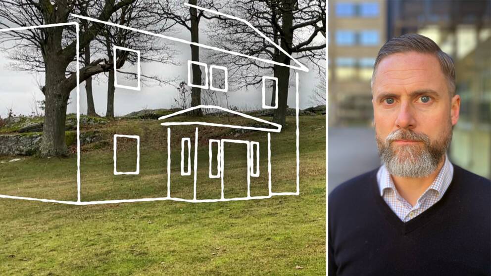 En gräsplätt med ett ritat hus, delad bild med en man (kammaråklagare Martin Svensson)
