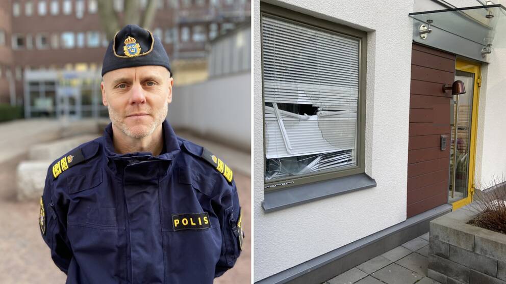 Bild på lokalpolisområdeschef Kristoffer Axell och en bild på ett krossat fönster.