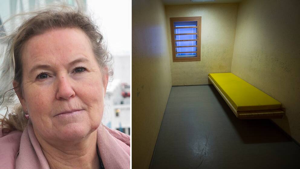 Karna Tillheden, ordförande för Seko polisen, samt en bild på en arrestcell.