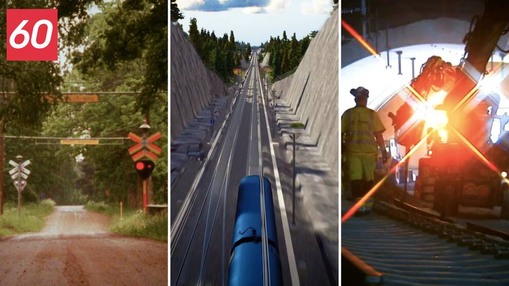 Tredelad bild som föreställer en järnvägsövergång, en animerad bild på en ny bansträckning och ett tunnelarbete.