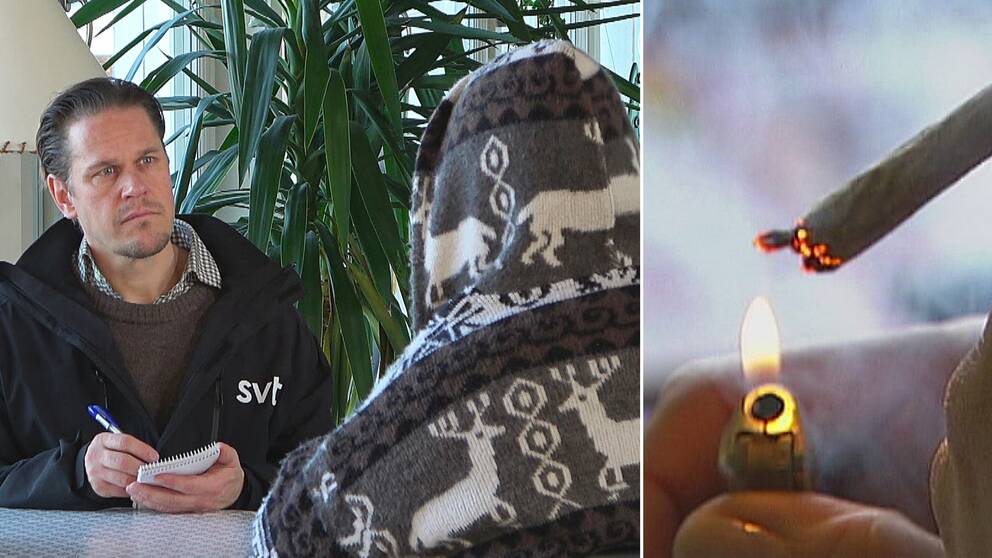Splitbild: SVT:s reporter sitter mittemot en anonym person till vänster och till höger syns en spliff.