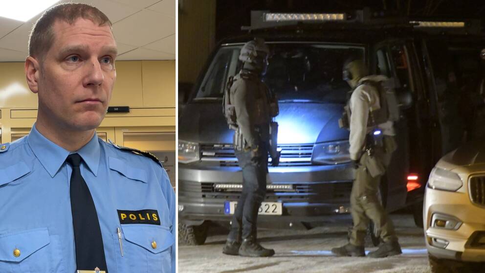 Bilden är ett collage med Josef Wiklund som står till vänster. Han har en blå polisskjorta på sig och bilden är tagen inomhus. På den högra bilden syns maskerade poliser, det är utomhus och mörkt.
