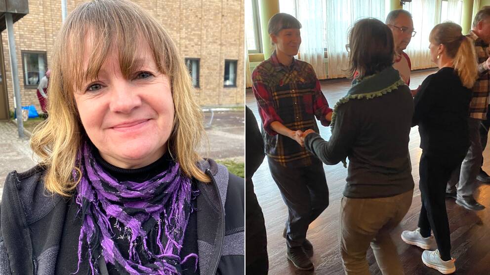 En kvinna (Tina Sjöholm) ler och kollar in i kameran, delad bild med människor som står på rad och dansar med varandra.