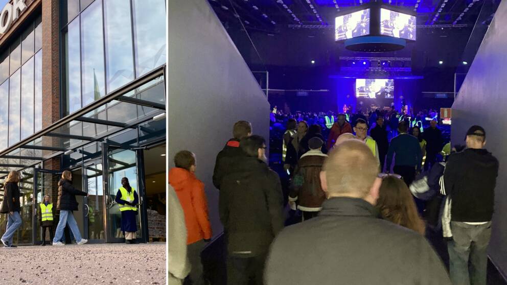Människor som går in genom en dörr, delad bild med många människor inne i Stiga sports arena i Eskilstuna.