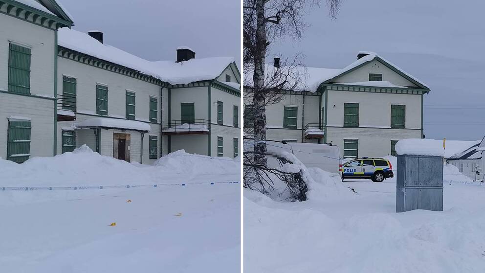 Kollage av två bilder på en byggnad som spärrats av med polistejp. På ena bilden syns även en polisbil.
