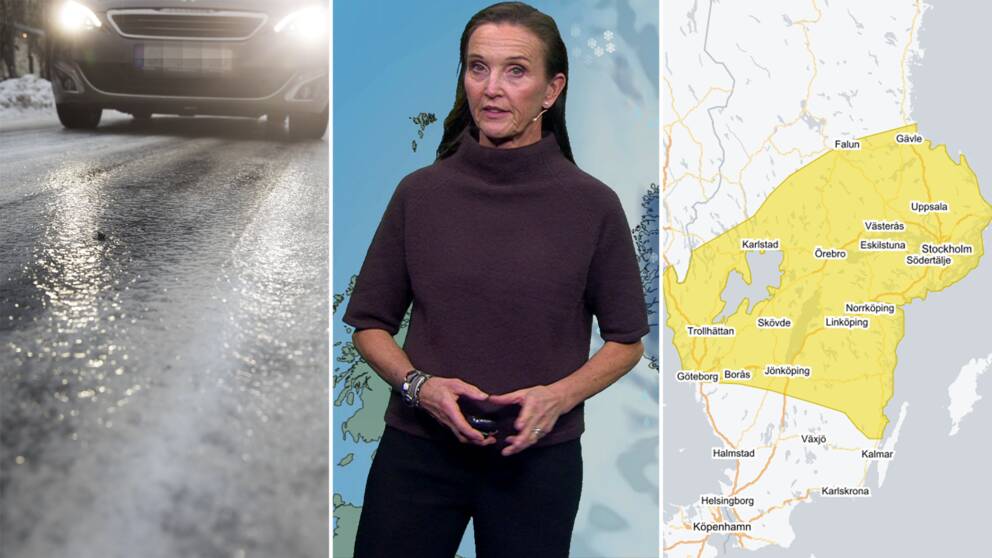Bild på en hal väg, e kvinna (SVT:s meteorolog Pia Hultgren) och en karta från SMHI över norra Götaland, Svealand och allra sydligaste Norrland