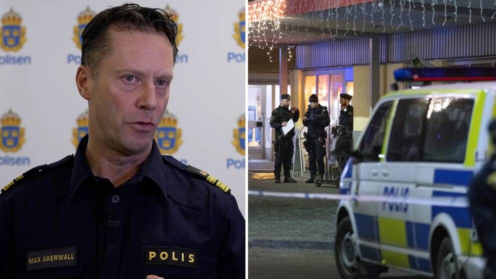 Till vänster en bild på Max Åkerwall på Stockholmspolisen. Till höger en bild på polisavspärrningar i Skogås.