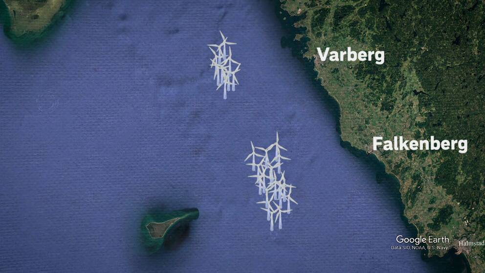 placeringen på en karta av den havsbaserade vindparken Galatea-Galene längs Hallandskusten.