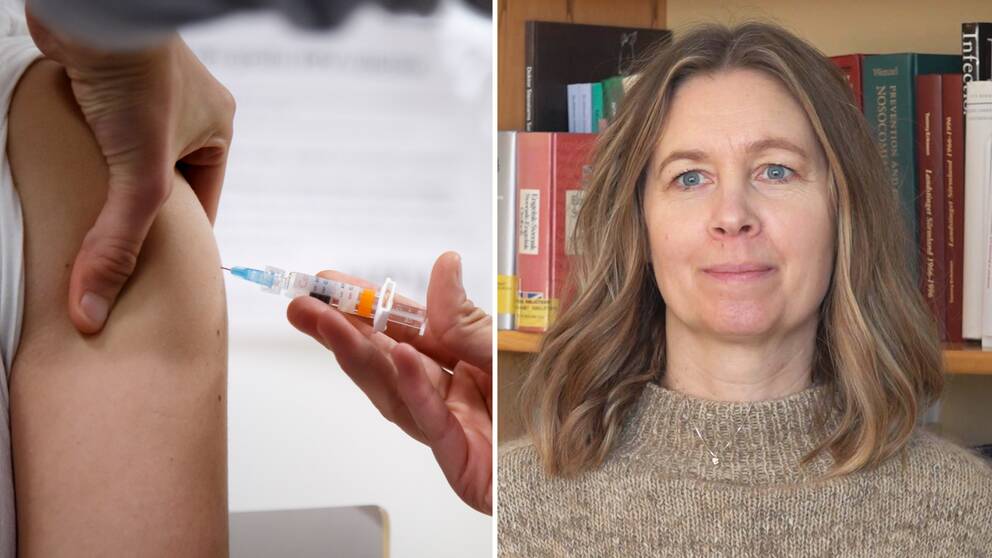 Till vänster: Arm med en vaccinspruta. Till höger: Malin Enarsson.