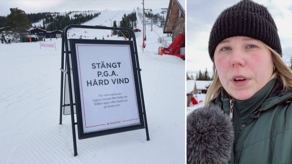 splitbild med skylt som visar: stängt pga hård vind och svt:s reporter sofie lind