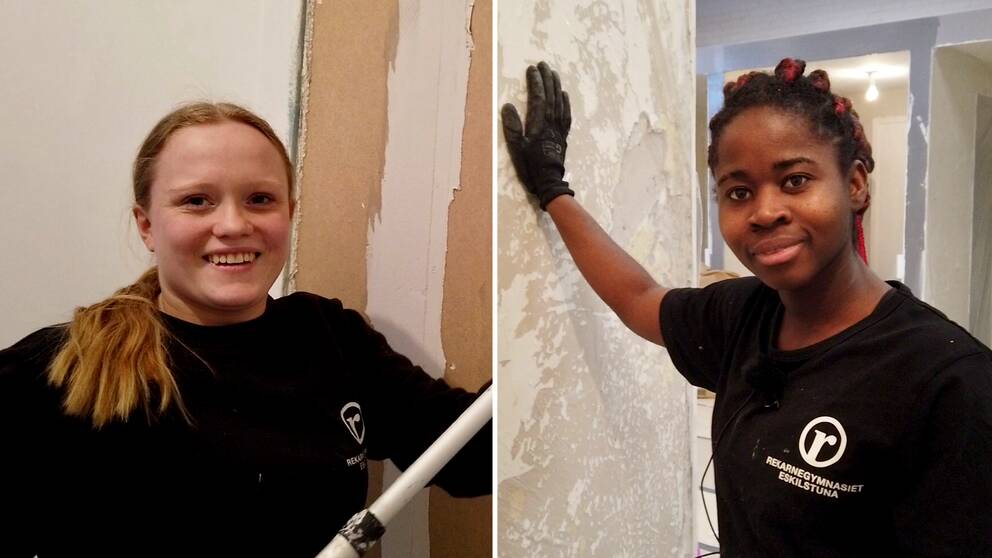 Två bilder på Lina Blomstrand och Fatuma Nondo, två gymnasietjejer i arbetskläder som valt byggprogrammet på Rekarnegymansiet i Eskilstuna.