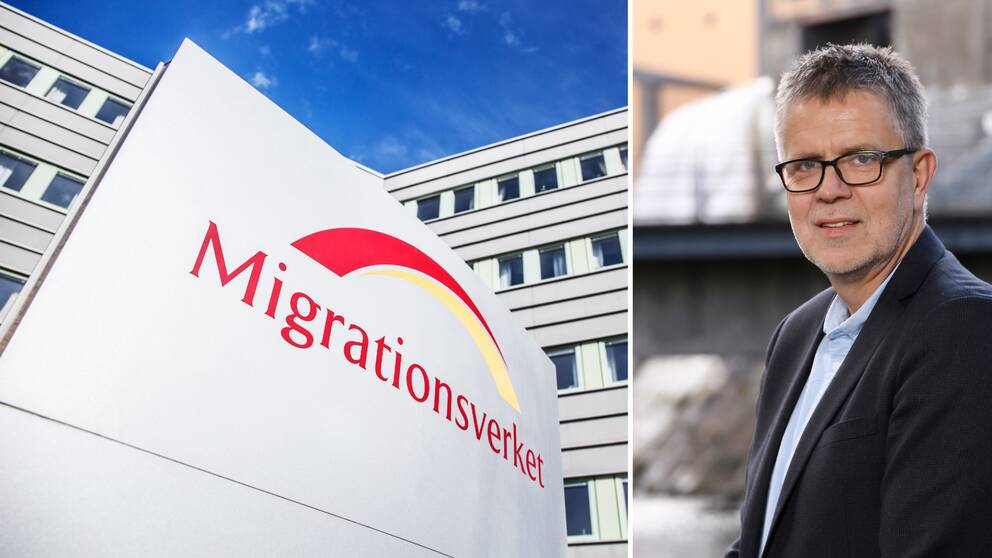 Tvådelad bild med Migrationsverkets skylt utanför ett hus och sektionschefen Mats Rosenqvist.