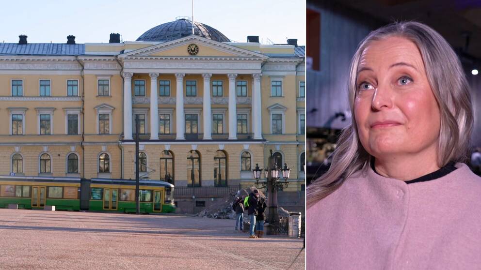 Vasemmalla Valtioneuvoston linna sekä raitiovaunu ja ihmisiä Helsingin Senaatintorilla. Oikealla Nato-tutkija Iro Särkkä SVT:n haastattelussa.