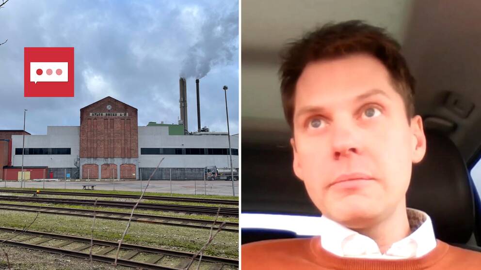 En bild på bruket i Hylte och en bild på vd Mikael Arvidsson. En man i vit skjorta ohc en röd/orange tröja.