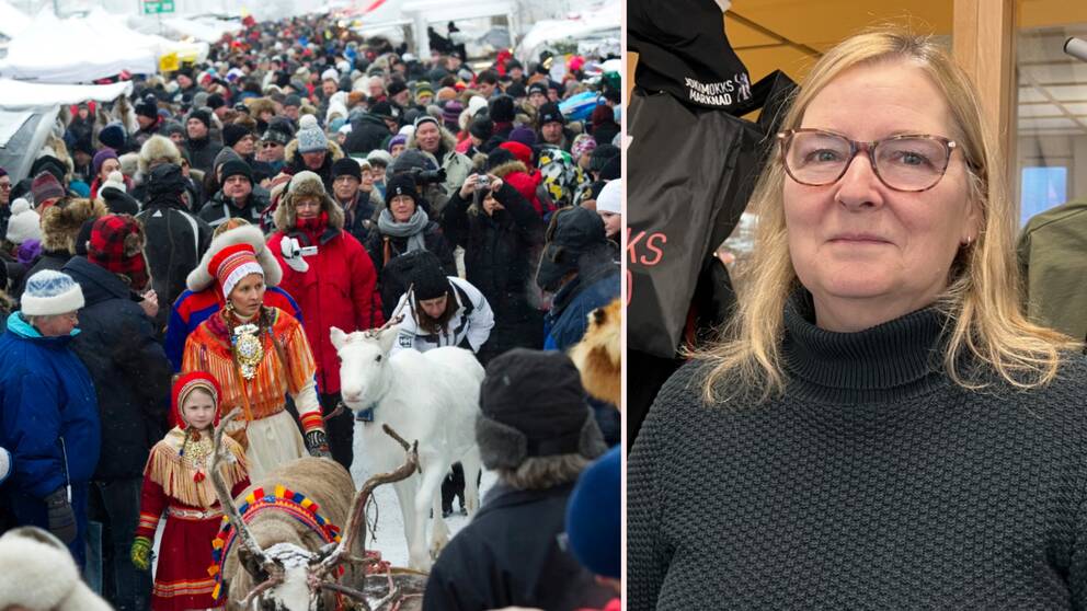 En stor folksamling med besökare till vänster. Till höger en glad Birgitta Nilsson när Jokkmokks marknad gör fysisk återkomst.