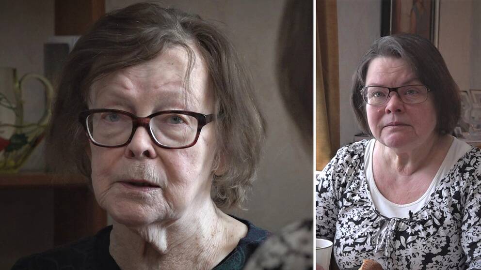 Till vänster: 86-åriga Karin Sundin i Lit sitter i sitt hem och ser allvarlig ut när hon tittar in i kameran. Till höger: Dottern Lena ser allvarlig ut när hon sitter i Karins hem och berättar om frustrationen över att hennes mamma fått vänta så länge på ett epilepsilarm. 