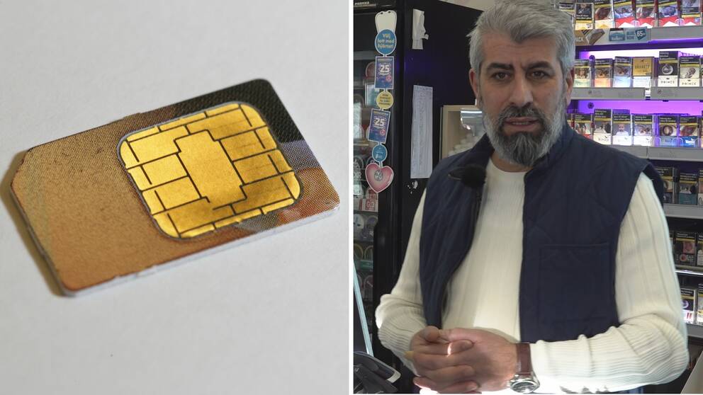 Bild på ett guldigt kreditkort och en bild på en man med grått hår och skägg. Han jobbar i butik i Eskilstuna. och pratar i klippet om stoppet för anonyma kontantkort