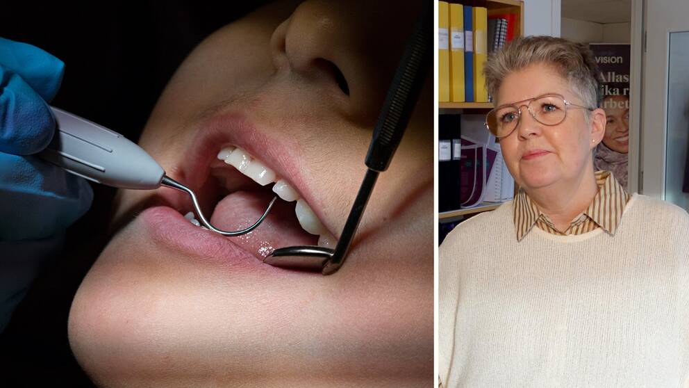 Tvådelad bild: En person undersöker tänderna hos tandläkaren och Petra Strömgren Fredin, ordförande för Vision Region Örebro län.