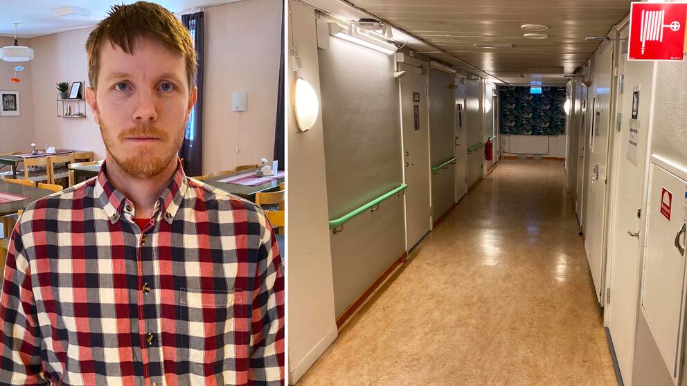 Volontären Josh Armfield som, hjälper hemlösa i Luleå samt bild på akutboendets korridor.