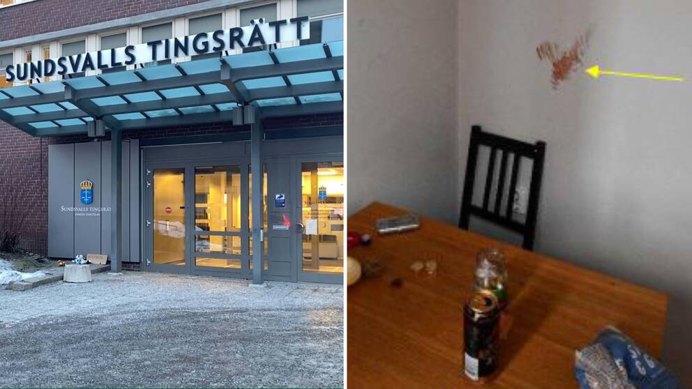 Bilden är ett collage, till vänster är en bild på Sundsvalls tingsrätt och till höger syns en bild vid ett matbord med en blodfläck på väggen. Bilden är tagen ur polisens förundersökning.