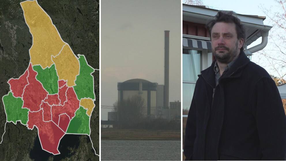 Bild i tre delar: En karta över Värmland med röda, gula och gröna markeringar för kommuner baserat på hur de ställer sig till kärnkraft, ett kärnkraftverk och Henrik Frykberger (M), kommunstyrelseordförande i Sunne.