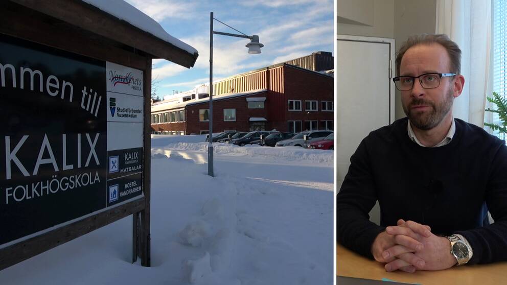 Till vänster en skylt med Kalix folkhögskola och skolan utifrån. Till höger en bekymrad Daniel Nilsson tillika rektor på skolan. 