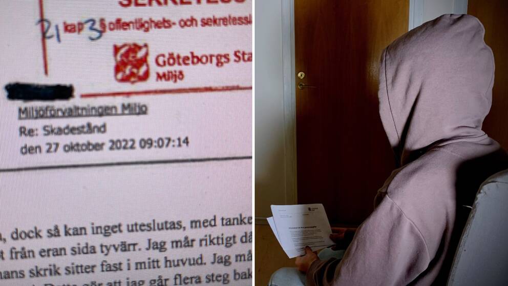 Tvådelad bild med en del av en begäran av skadestånd med maskad information och en bild på en anonym person med luva på huvudet sittandes med papper i handen.