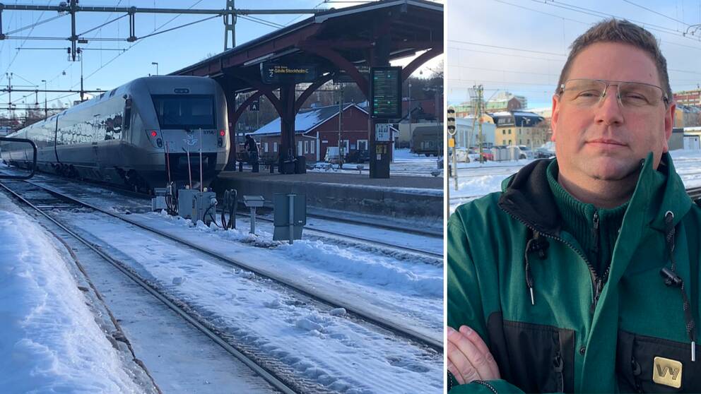 Bilden är ett collage. Till vänster syns ett tåg vid en perrong och till höger är det ett porträttfoto av lokföraren Henrik Persson som är iklädd en grön jacka.