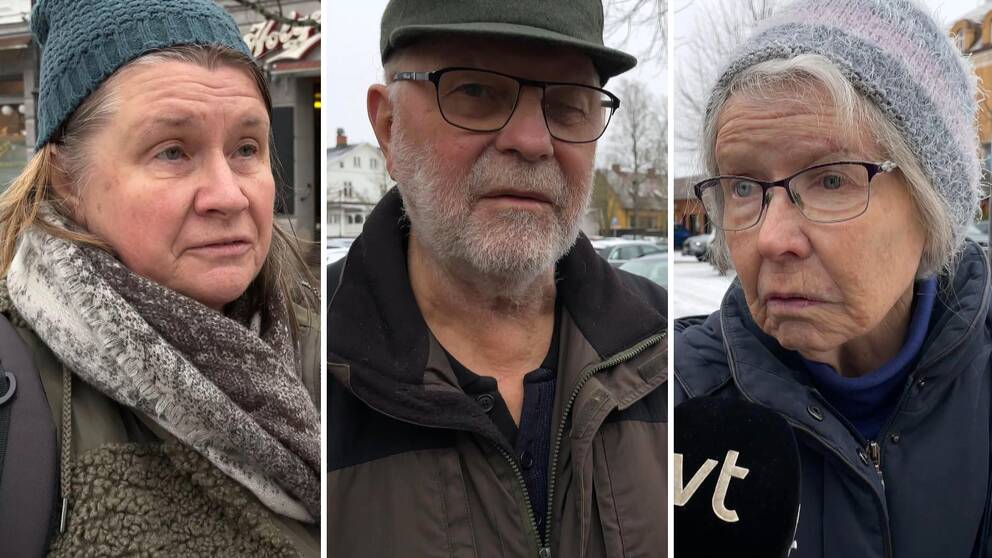 Tredelad bild med Lena Chiappe Olsson, Per Rosin och Inger Grehn, tre Säfflebor som blir intervjuade på gatan.