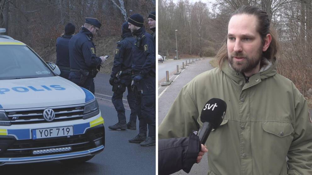Polisbil till vänster, en pappa i grön jacka till höger