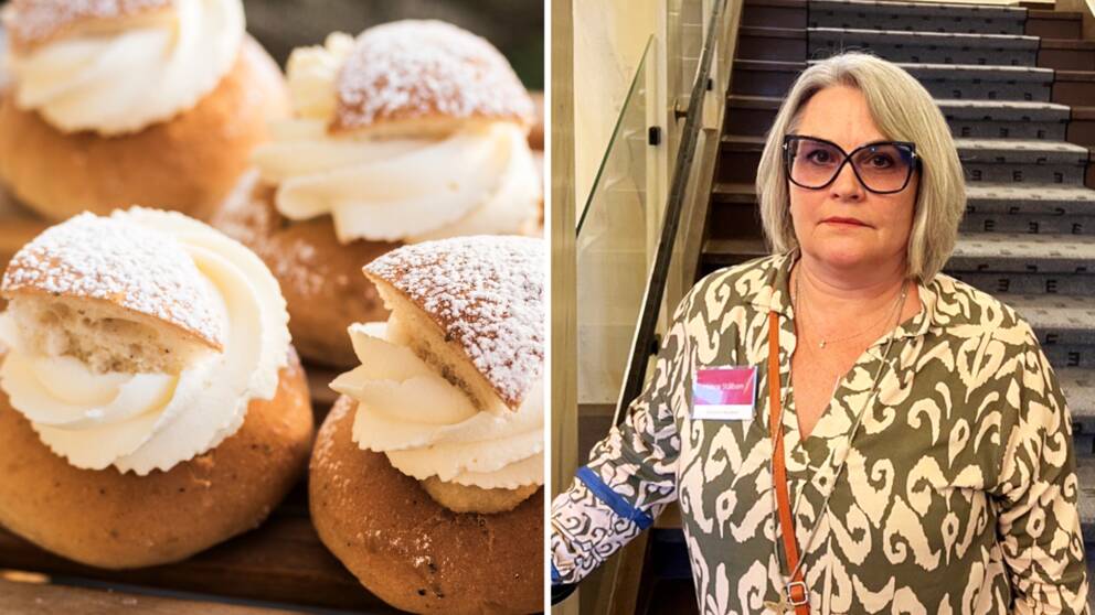 En delad bild på semlor och Helene Stålbom som står längst ner i en trappa.