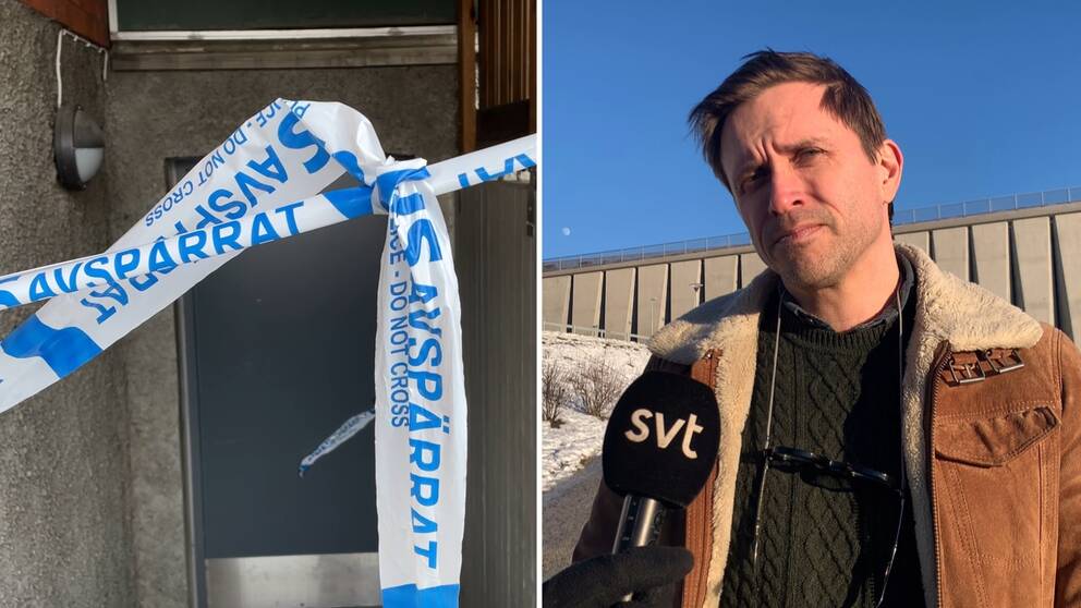 Bilden är ett montage, till vänster syns polisavspärrning som sitter framför en källardörr och till höger syns Alfred Janson Lantz, kirurg på Sundsvalls sjukhus. Han står utomhus och himlen är blå.
