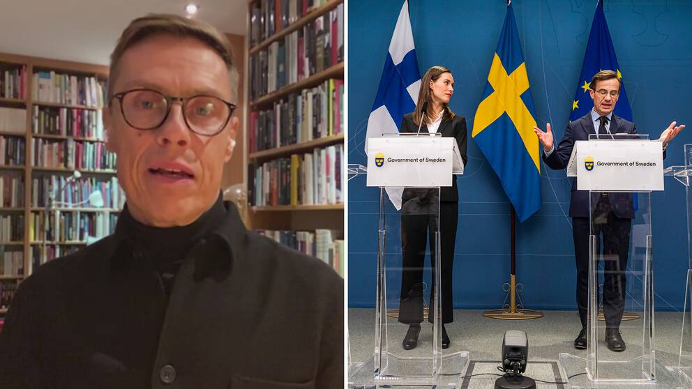 Finlands före detta statsminister Alexander Stubb bredvid en bild på Finlands statsminister Sanna Marin och Sveriges statsminister Ulf Kristersson.
