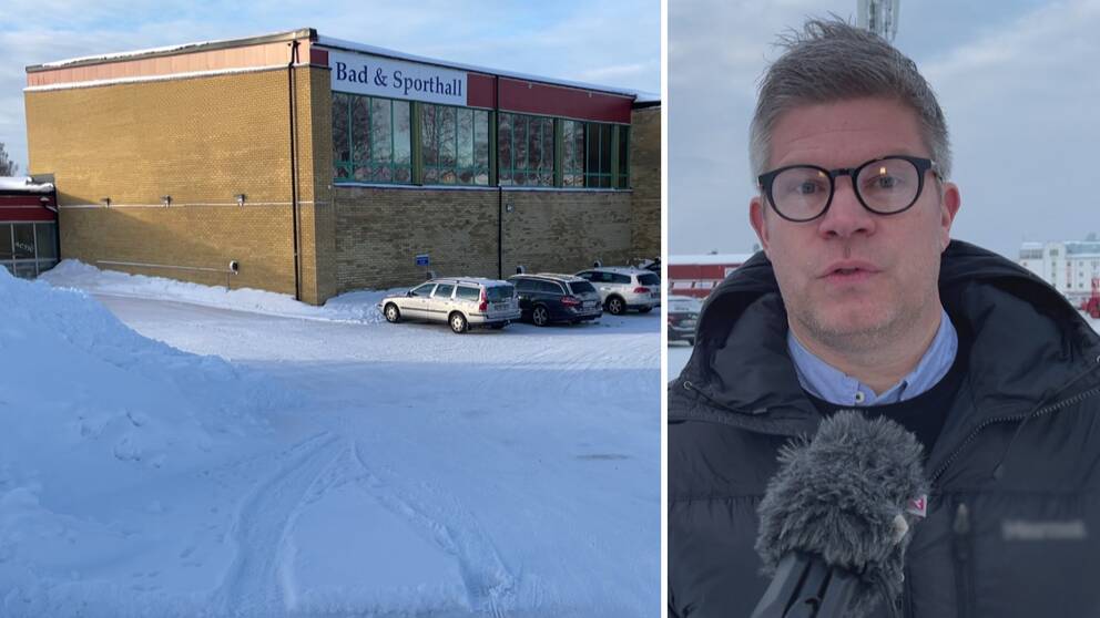 Till vänster står bilarna parkerade framför badhus som sitter ihop med sporthallen. Till höger står Mattias Kenttä och berättar om badhusets situation.