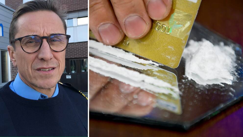 Delad bild. Till vänster en man i polisuniform, till höger vitt pulver på en spegel som en hand formar linor av med hjälp av ett betalkort.