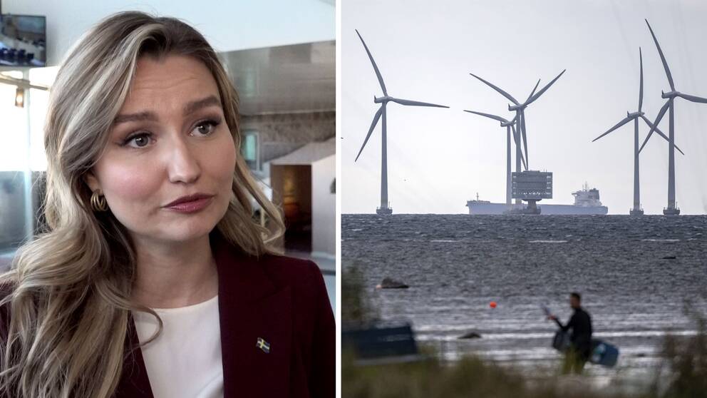 Ebba Busch bredvid vindkraftverk till havs.