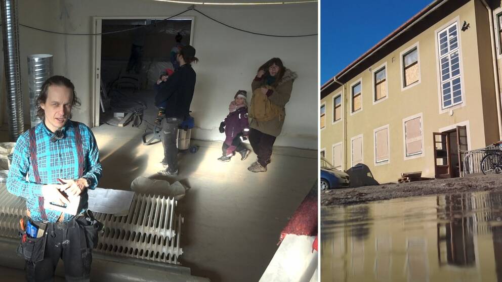 Tvådelad bild. En man med snickarbyxor och blå skjorta samt ett barn i overall och en kvinna. På den andra bilden Östra sjukhuset i Malmö.