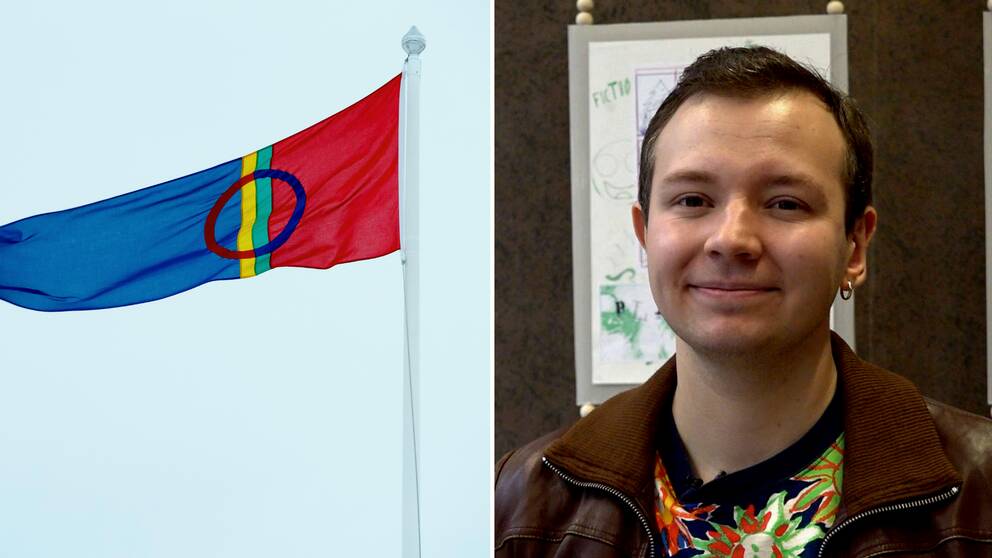 Sapmis flagga, delad bild med en man (Levi Karvonen) i skinnjacka han ler och kollar in i kameran, det är Samernas nationaldag i Göteborg.
