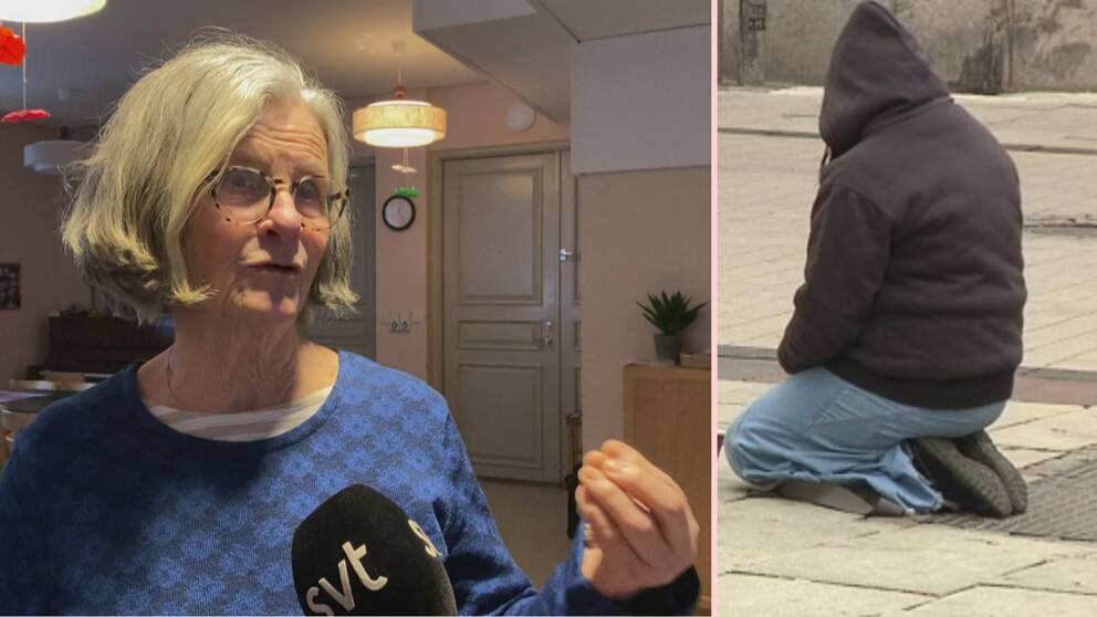 Till vänster Meta Wiborgh som verkligen vill ha hjälp från Regionen och visar det genom att hytta med näven. Till höger en papperslös på gatan.