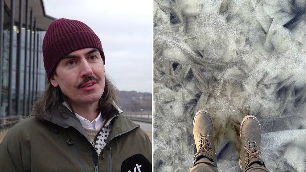 SMHI:s forskare Per Pemberton har långt mörkt hår och mustasch. Han har en vinröd mössa och mörkgrön jacka. Till höger om honom en bild på två fötter som står på is, fotat uppifrån.