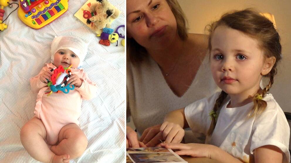 Bild på Ebba som bebis med bandage runt huvudet och en bild på Ebba som fyraåring.