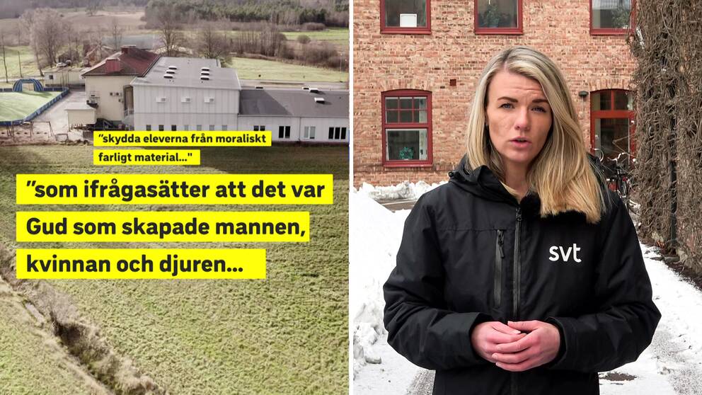 Till vänster en bild på grafik med utdrag från Oneschool globals uppförandekod, till höger SVT Nyheter Hallands reporter Anna Palmgren.
