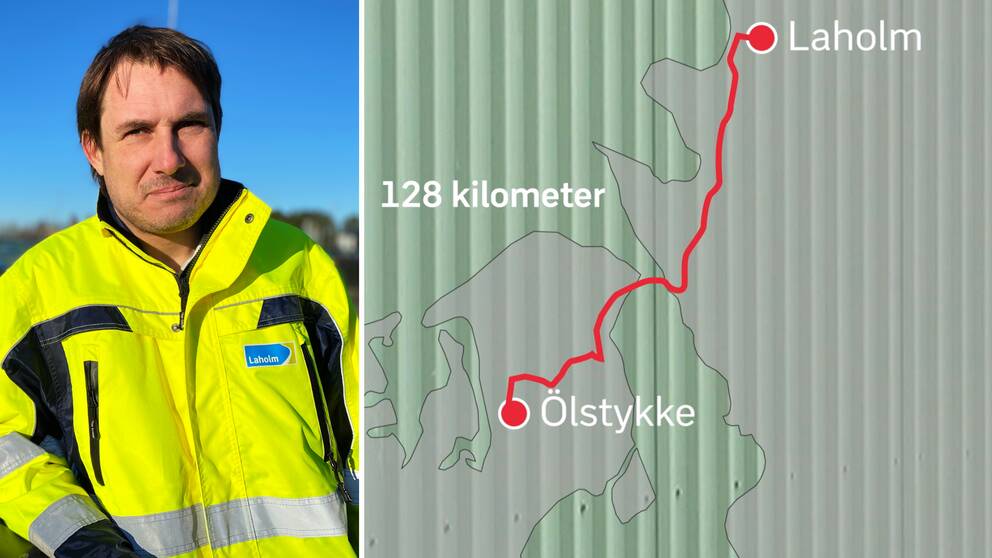 Till vänster en bild på en man i reflexjacka, till höger en karta som visar vägen mellan Laholm och Ölstykke i Danmark.