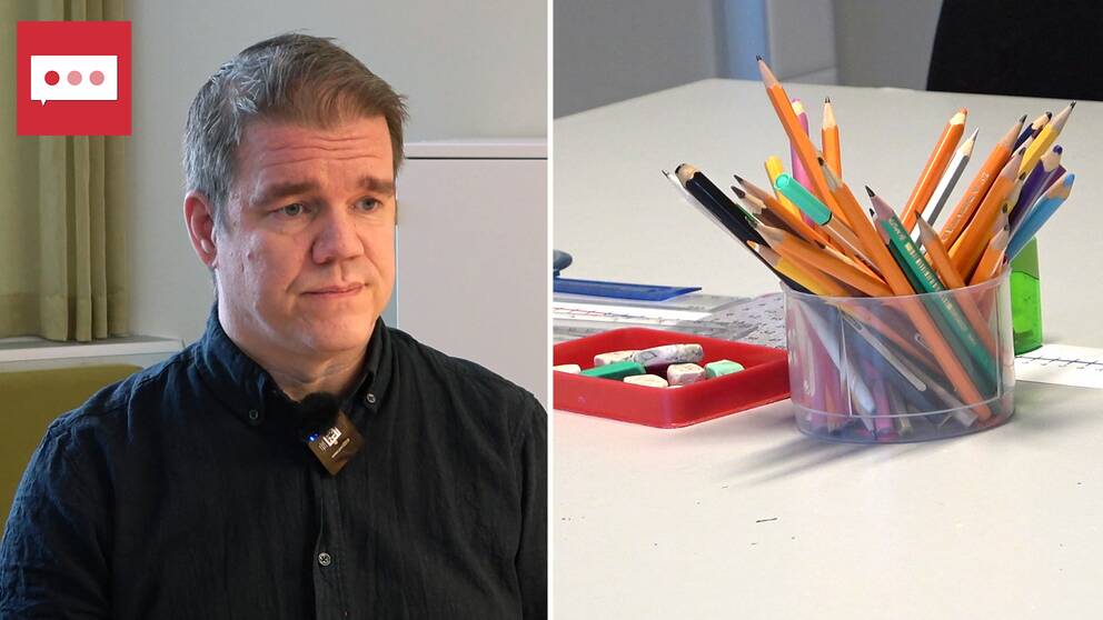 Kollage: Till vänster en bild på Micael Bergström, tf. rektor på Storsjöskolan i Holmsund som har kort mörkt hår och svart skjorta. Han sitter i kontorsmiljö. Allra längst till vänster syns en grafik i rött med en vit pratbubbla som har tre prickar. Till höger en skolbänk med pennor och sudd.